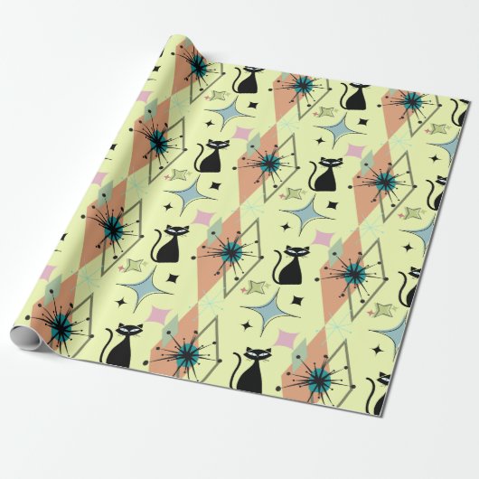 Mid Century moderne sterren en katten patroon crèm Cadeaupapier (Uitgerold)