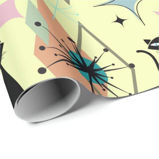 Mid Century moderne sterren en katten patroon crèm Cadeaupapier (Rol Hoek)