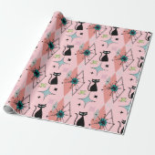 Mid Century moderne sterren en katten patroon roze Cadeaupapier (Uitgerold)