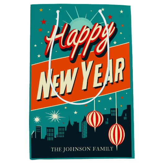 Mid Century Moderne Stijl Gelukkig Nieuwjaar Medium Cadeauzakje (Voorkant)