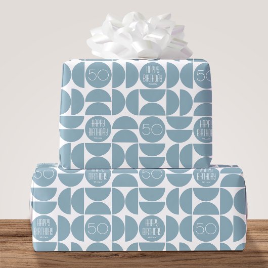 Mid-Century Moderne Verjaardag Retro 50e Blauw Cadeaupapier