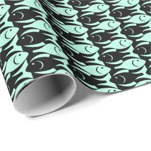 Mid-Century Moderne vis, aqua en zwart Cadeaupapier