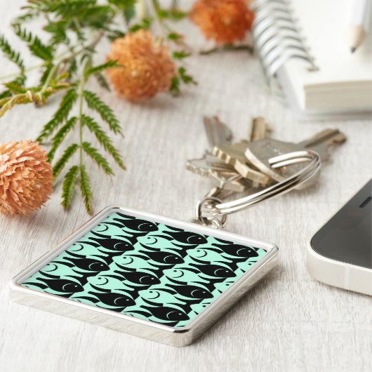 Mid-Century Moderne vis, aqua en zwart Sleutelhanger (Zijkant)