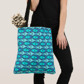 Mid-Century Moderne vis, blauw en aqua Tote Bag (Dichtbij)