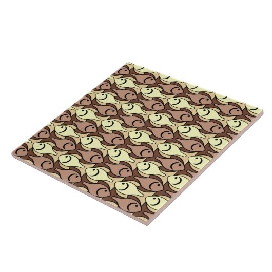 Mid-Century Moderne vis, bruin en geel Tegeltje (Zijkant)