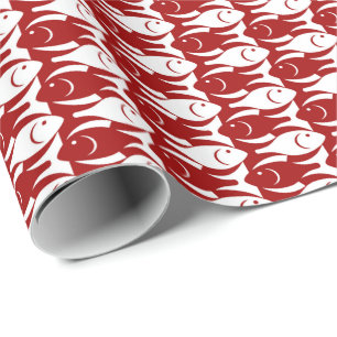 Mid-Century Moderne vis, donkerrood en wit Cadeaupapier