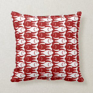 Mid-Century Moderne vis, donkerrood en wit Kussen