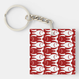 Mid-Century Moderne vis, donkerrood en wit Sleutelhanger