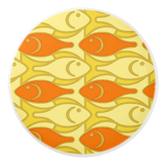 Mid-Century Moderne vis, geel en oranje Keramische Knop (Voorkant)