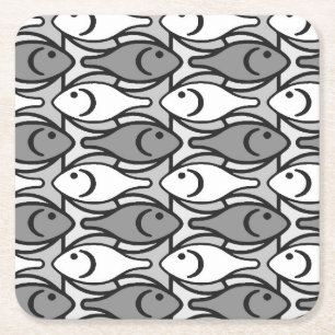 Mid-Century Moderne vis, grijs, wit en zwart Kartonnen Onderzetters