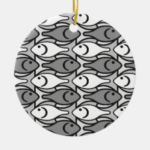 Mid-Century Moderne vis, grijs, wit en zwart Keramisch Ornament