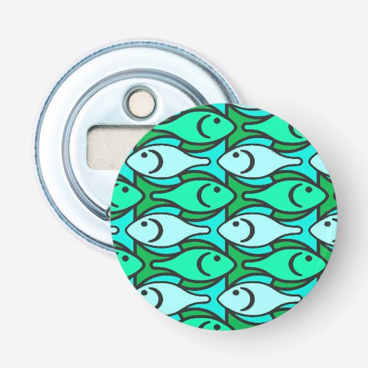 Mid-Century Moderne vis, jade groen en aqua Button Flesopener (Voorkant)