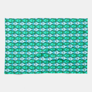 Mid-Century Moderne vis, jade groen en aqua Theedoek