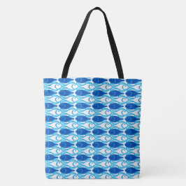 Mid-Century Moderne vis, kobalt blauw en wit Tote Bag
