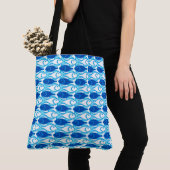 Mid-Century Moderne vis, kobalt blauw en wit Tote Bag (Dichtbij)