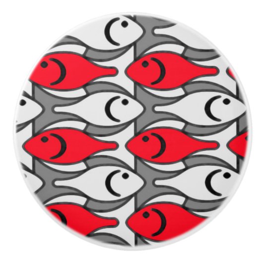 Mid-Century Moderne vis, rood en grijs/grijs Keramische Knop (Voorkant)