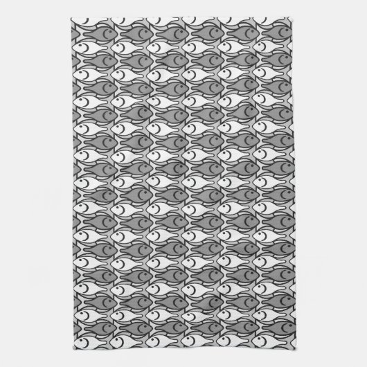 Mid-Century Moderne vis, zwart, wit en grijs Theedoek (Verticaal)