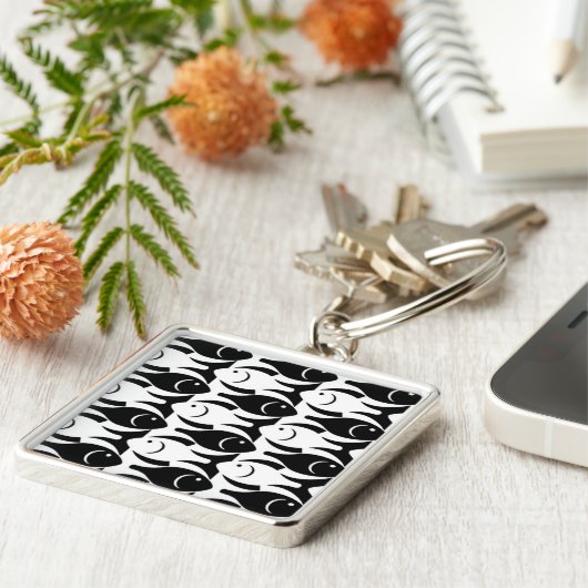 Mid-Century Moderne vis, zwart-wit Sleutelhanger (Zijkant)