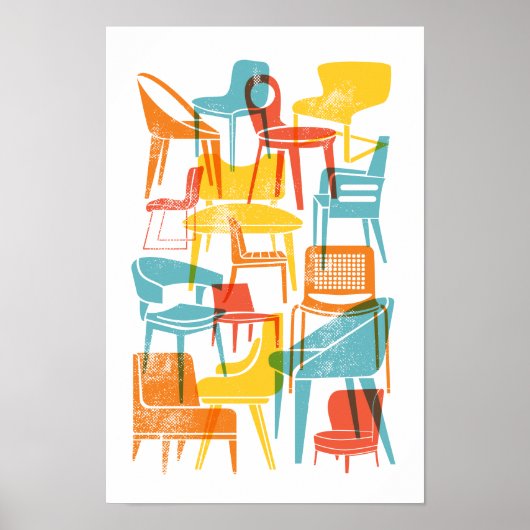 Mid-Century Moderne Voorzitters in heldere  kleure Poster (Voorkant)