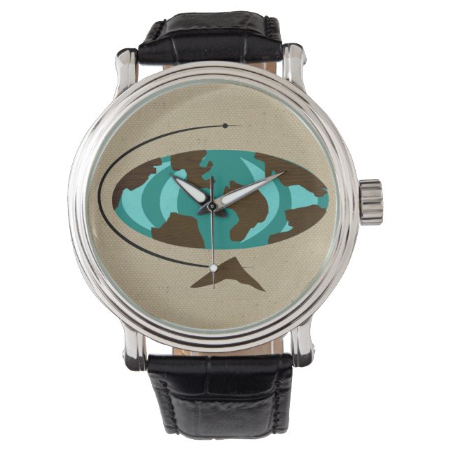 Mid Century Moderne Wereldbol Art Watch Horloge (Voorkant)