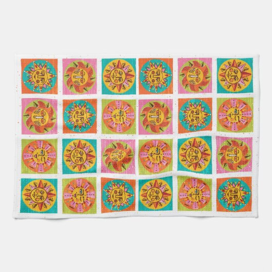 Mid Century Moderne Zon Gezichten Drogende Mat Theedoek (Horizontaal)