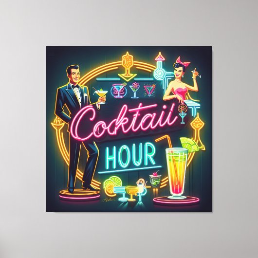 Mid Century Neon Sign Cocktail Hour Paar Canvas Afdruk (Voorkant)