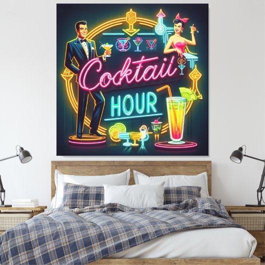 Mid Century Neon Sign Cocktail Hour Paar Canvas Afdruk (Insitu (Slaapkamer))