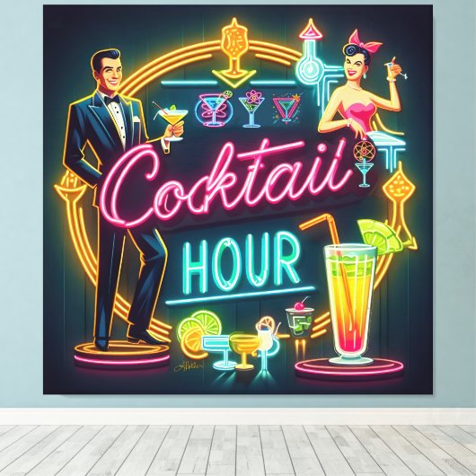 Mid Century Neon Sign Cocktail Hour Paar Canvas Afdruk (Insitu (Houten vloer))