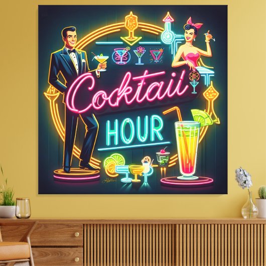 Mid Century Neon Sign Cocktail Hour Paar Canvas Afdruk (Insitu (Woonkamer))