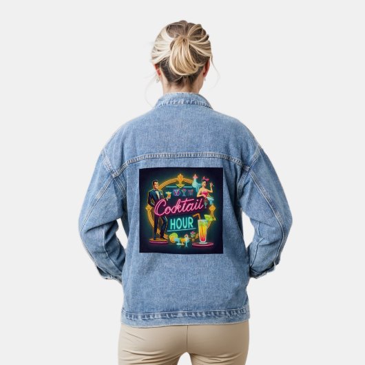 Mid Century Neon Sign Cocktail Hour Paar Denim Jacket (Model)
