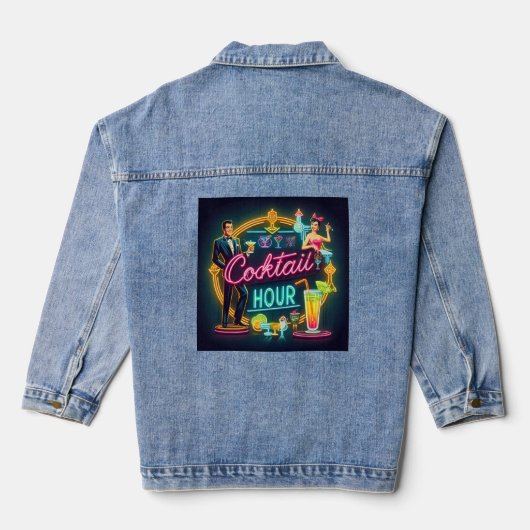 Mid Century Neon Sign Cocktail Hour Paar Denim Jacket (Achterkant)