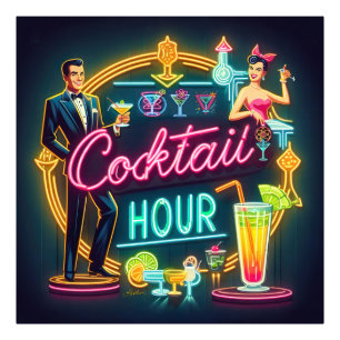 Mid Century Neon Sign Cocktail Hour Paar Foto Afdruk