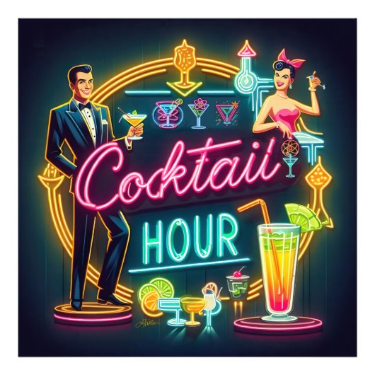 Mid Century Neon Sign Cocktail Hour Paar Foto Afdruk (Voorkant)
