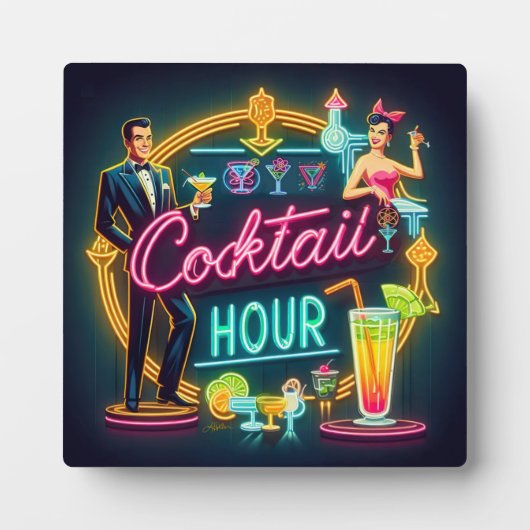 Mid Century Neon Sign Cocktail Hour Paar Fotoplaat (Voorkant)