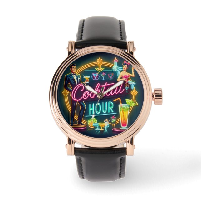 Mid Century Neon Sign Cocktail Hour Paar Horloge (Voorkant)