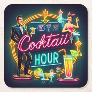 Mid Century Neon Sign Cocktail Hour Paar Kartonnen Onderzetters