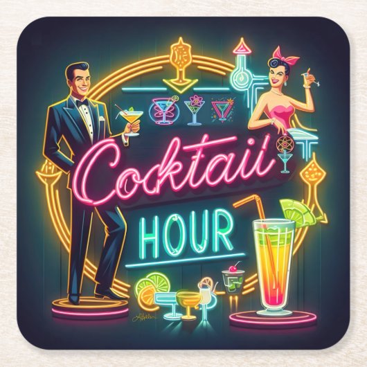 Mid Century Neon Sign Cocktail Hour Paar Kartonnen Onderzetters (Voorkant)