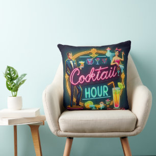 Mid Century Neon Sign Cocktail Hour Paar Kussen