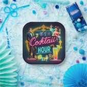 Mid Century Neon Sign Cocktail Hour Paar Papieren Bordje (Feest)