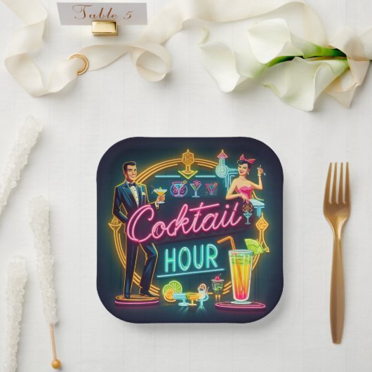 Mid Century Neon Sign Cocktail Hour Paar Papieren Bordje (Huwelijk)