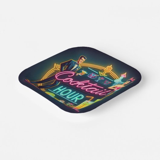 Mid Century Neon Sign Cocktail Hour Paar Papieren Bordje (Gebogen)