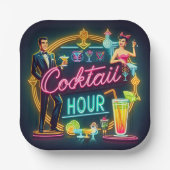 Mid Century Neon Sign Cocktail Hour Paar Papieren Bordje (Voorkant)