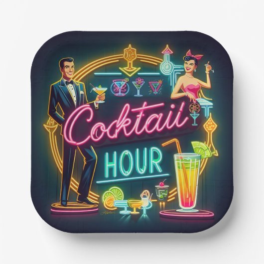 Mid Century Neon Sign Cocktail Hour Paar Papieren Bordje (Voorkant)