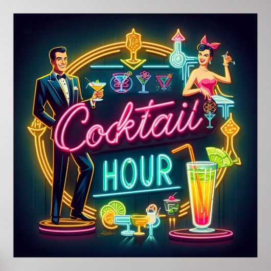 Mid Century Neon Sign Cocktail Hour Paar Poster (Voorkant)