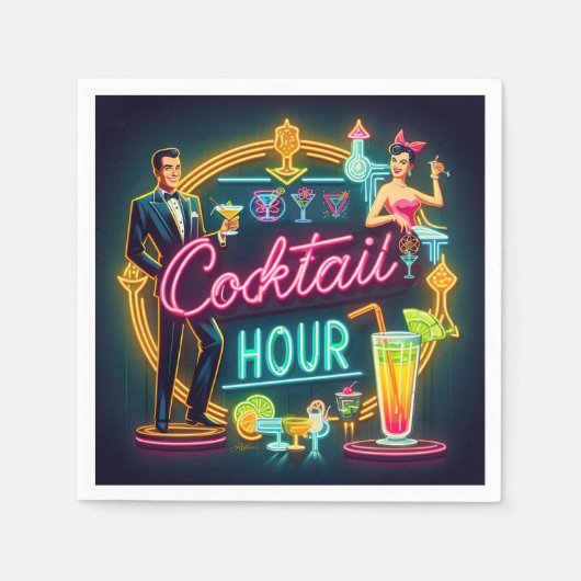 Mid Century Neon Sign Cocktail Hour Paar Servet (Voorkant)