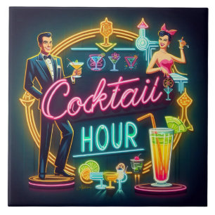Mid Century Neon Sign Cocktail Hour Paar Tegeltje