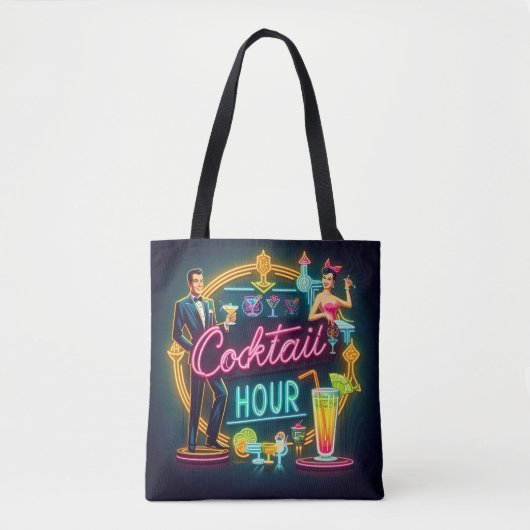 Mid Century Neon Sign Cocktail Hour Paar Tote Bag (Voorkant)