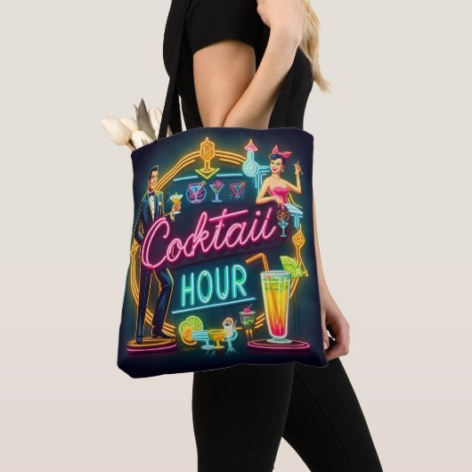 Mid Century Neon Sign Cocktail Hour Paar Tote Bag (Dichtbij)