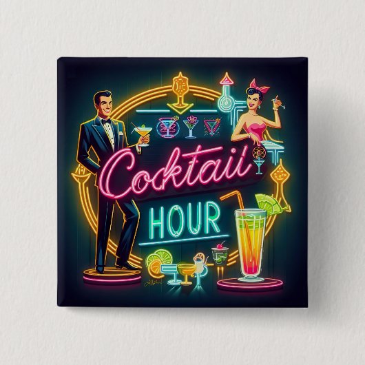 Mid Century Neon Sign Cocktail Hour Paar Vierkante Button 5,1 Cm (Voorkant)