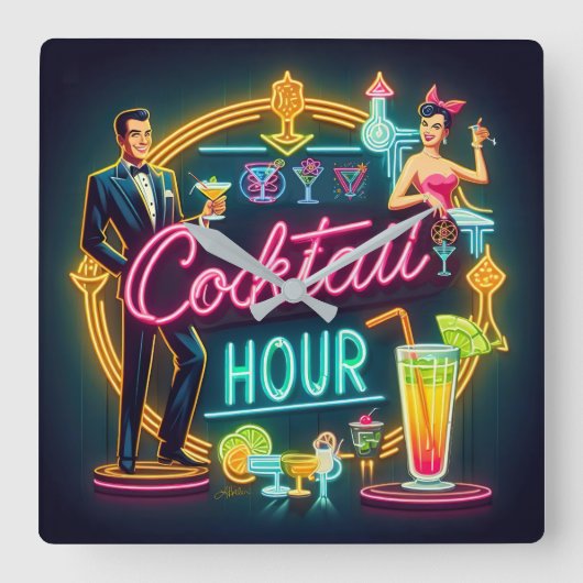 Mid Century Neon Sign Cocktail Hour Paar Vierkante Klok (Voorkant)